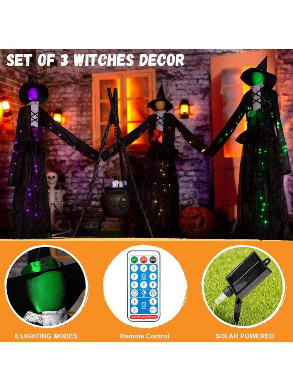 65-Inch Light-Up Witch Decoration Set of 3 - Solar-Powered Outdoor Graveyard